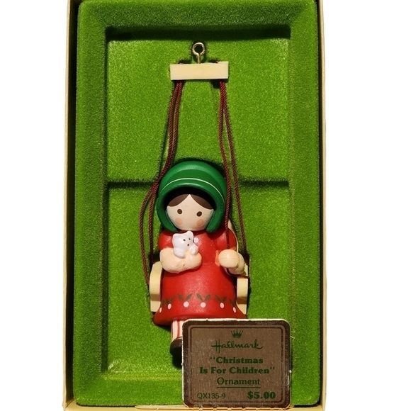 Vtg Hallmark Christmas is for Children Ornament 1979 Girl Swinging with kitten - Picture 2 of 4